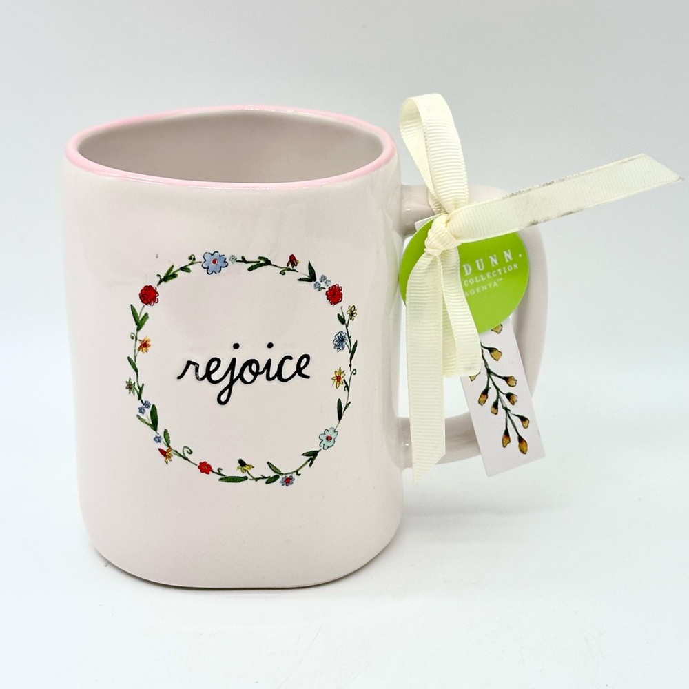 Rae Dunn ‘rejoice’ Ceramic Coffee Tea Mug with Flower Wreath Around